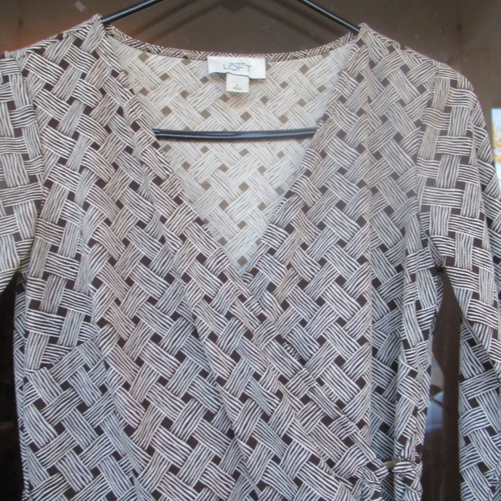 Loft dress basketweave print long sleeve office casual neutral size 2 - Picture 6 of 16